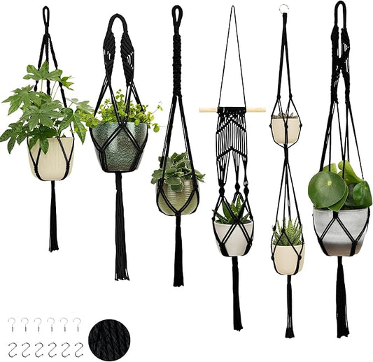 Nook Theory 6-Pack Macrame Plant Hangers with 12 Hooks - Hanging Planters for Indoor Plants, Boho Macrame Hangers Indoor Outdoor, Decorative Plant Hanger Indoor (Black)