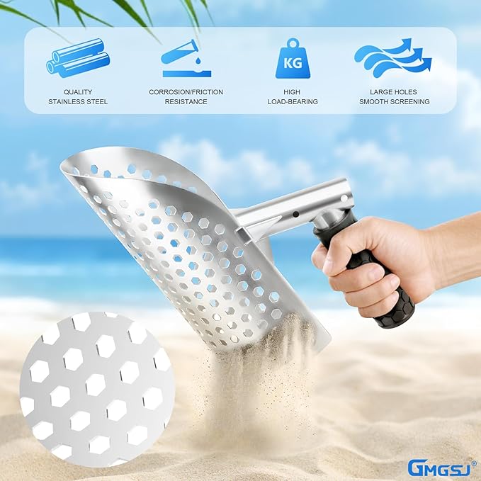 Sand Scoop for Metal Detecting,Heavy Duty Stainless Steel Metal Detector Scoop with Long Handle,Metal Detecting Shovel Used for underwater treasure hunting, beach soil metal detection, and excavationr