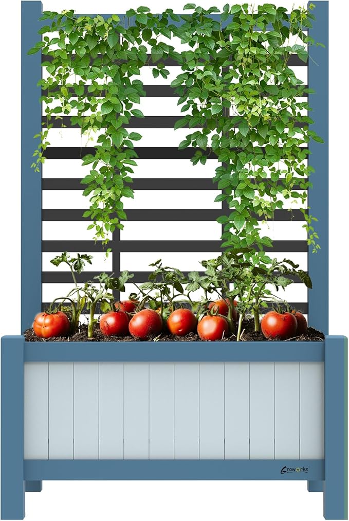 Raised Garden Bed Outdoor, Cedar Wooden Planter Boxes with Trellis, 17.7”L x 16.1”W x 27.6”H Raised Planter Box with Legs for Backyard, Patio, Balcony with Bed Liner (Blue)