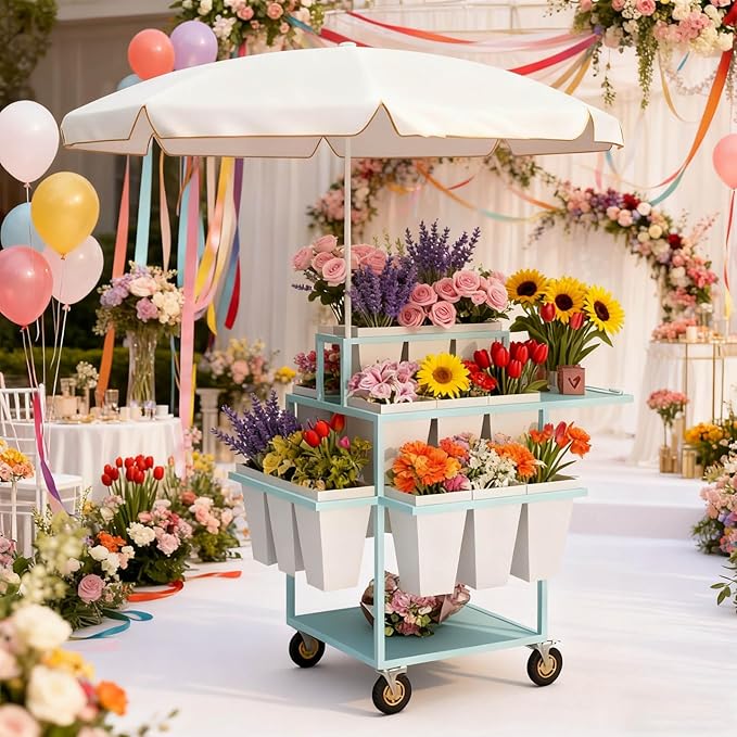 Metal Garden Cart Plant Stand with 18pcs Buckets and parasols, Slide Out Rolling Flower Display Rack, for Florist, Patio Garden, Weddings Party, Business Market (pink)