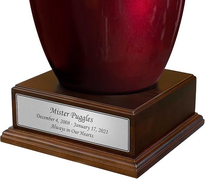 Personalized Cremation Urn Pedestal with Silver Name Plate - Includes Custom Engraving - Polished Walnut Wood Finish