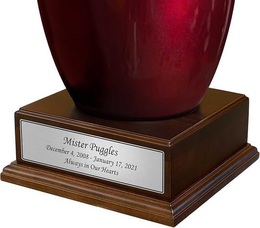 Personalized Cremation Urn Pedestal with Silver Name Plate - Includes Custom Engraving - Polished Walnut Wood Finish