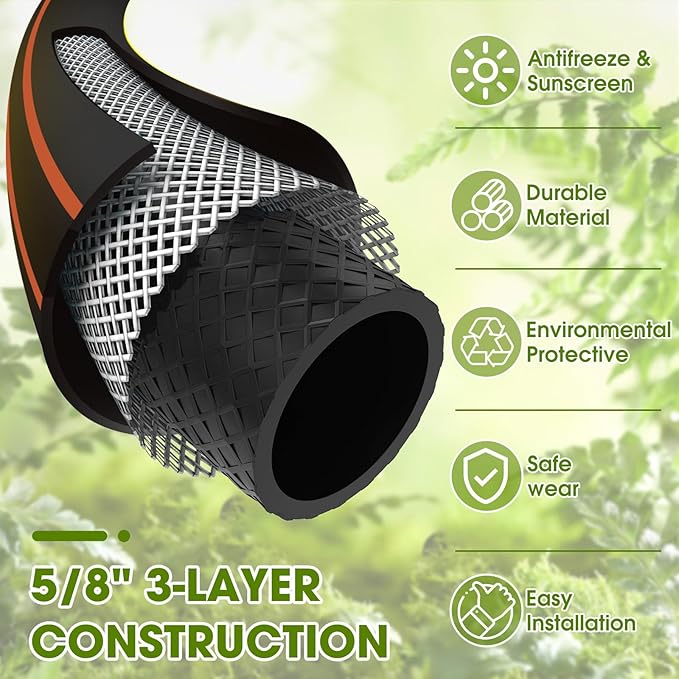 Heavy Duty Garden Hose – 5/8 Inch Flexible, Lightweight Hybrid Hose with 600 PSI Burst Pressure, Swivel Handle, and Durable Copper Male/Female Fittings (Black with hose sprayer, 25FT)
