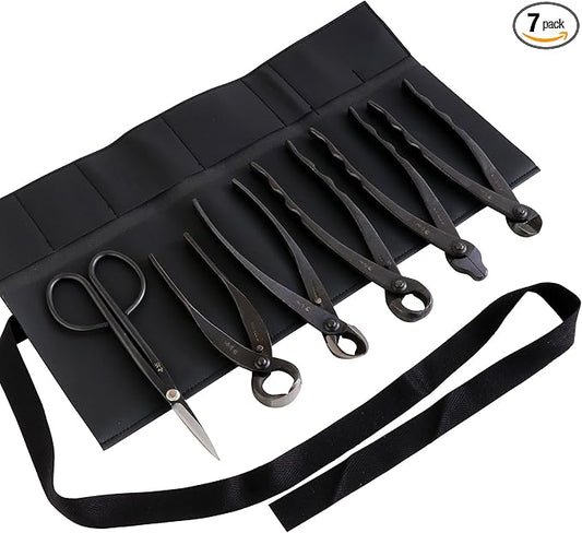 Wazakura Made in Japan 6PCS Bonsai Professional Tool Kit with Roll Bag: Yasugi Steel Twig Scissor, Concave Branch Cutter, Knob Cutter, Jin Plier, Wire Cutter, Root Cutter. Bonsai Tool Set with Case