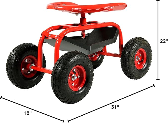 Sunnydaze Rolling Garden Cart with Swivel Seat and Storage - Rolling Garden Seat with Wheels - Gardening Stool with Wheels - Red