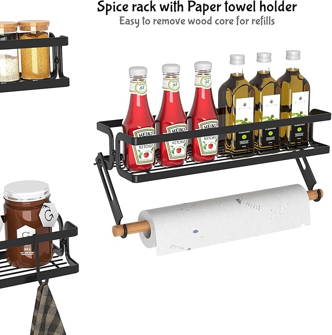 3 Pack Spice Rack Wall Mount With Paper Towel Holder and Hooks,Adhesive Hanging Spice Rack for Spice Jars and Seasonings, Space Saving Spice Racks Organizer for Cabinet,Pantry Door,Black