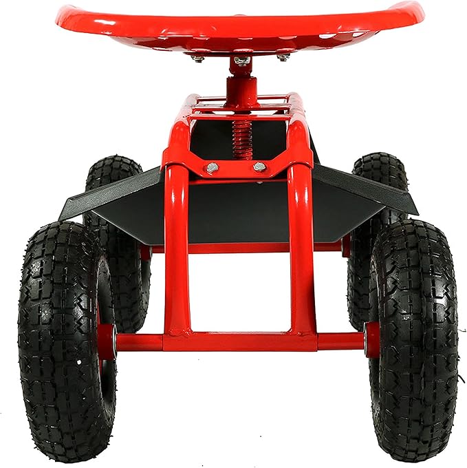 Sunnydaze Rolling Garden Cart with Swivel Seat and Storage - Rolling Garden Seat with Wheels - Gardening Stool with Wheels - Red