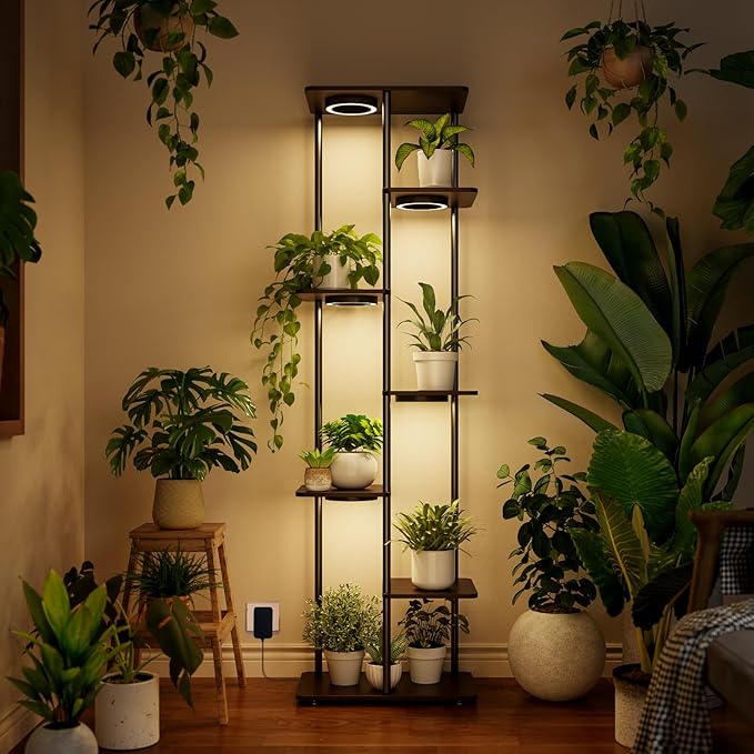 Bstrip Plant Stand Indoor with Grow Lights, 7-Tier Flower Rack, 5-Pack Full Spectrum Lights with Timer, Corner Plant Stand for Indoor Plants, 53" Tall Rectangular Stand for Living Room