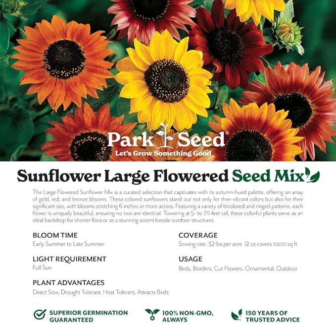 Park Seed Grow Your Own Vibrant Annual and Perennial Wildflower Garden Seeds Mixture, Easy to Grow Varieties for Pollinators and Spring Gardens - Large Colored Sunflower Mix, 1 lb