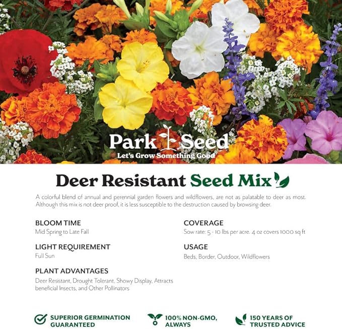Park Seed Grow Your Own Vibrant Annual and Perennial Wildflower Garden Seed Mixture, Easy to Grow Varieties for Pollinators and Spring Gardens - Deer Resistant Mix, 1/4 lb