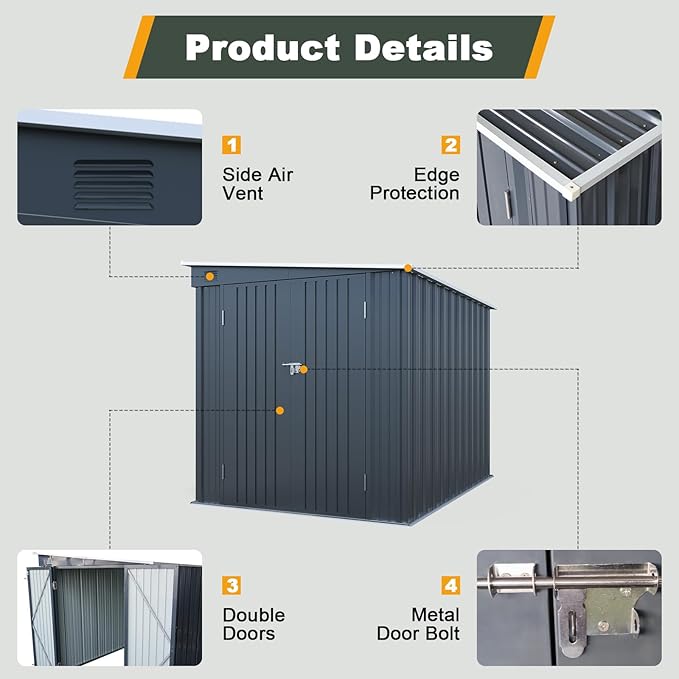 6x8 FT Lean to Shed with Lockable Double Doors, Metal Outdoor Storage Shed with Free PC Light Board for Tools, Outside Storage Shed Waterproof for Backyard, Patio, Garden
