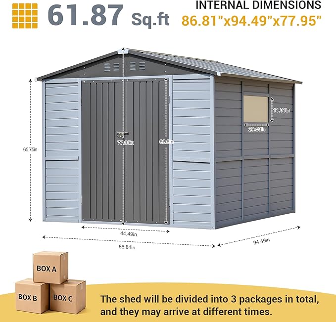 Wood & Steel Shed 8x8ft Outdoor Storage Shed with Waterproof Roof & Wind Resistance, Lockable Double Doors for Garden, Lawn, Patio Organization