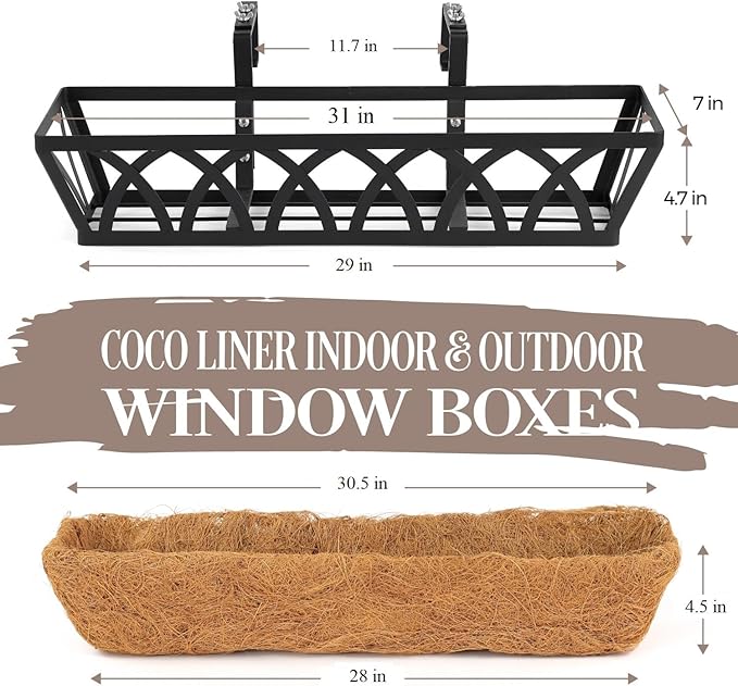 4 Pack 32IN Window Box Railing with Adjustable Brackets, Hanging Flower Planter Basket with Coco Liner for Outdoor Balcony Porch Fence Patio (Black)