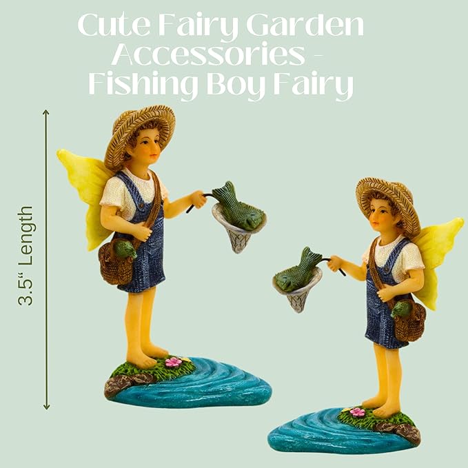 PRETMANNS Fairies for Fairy Garden - Fishing Boy Figurines – Accessories for Indoor or Outdoor Miniature Garden – 2-Piece Set