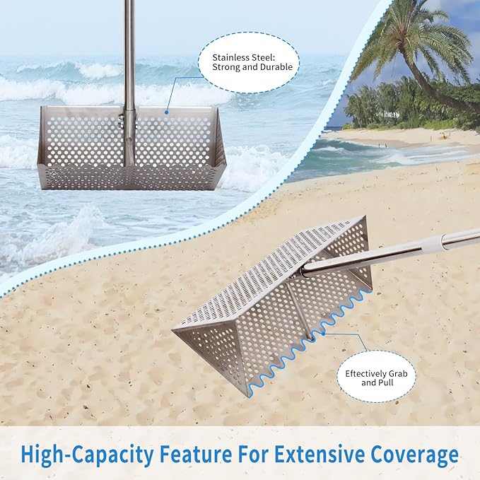 Sand Flea Rake, Detachable Long Handle Sand Sifter for The Beach, The Shark Tooth Screen Comes with a 16in Wide Drain Screen with a 51in Handle