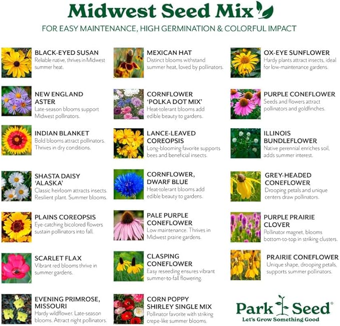 Park Seed Grow Your Own Vibrant Annual and Perennial Wildflower Garden Seeds Mixture, Easy to Grow Varieties for Pollinators and Spring Gardens - Midwest Regional Mix, 25 lbs