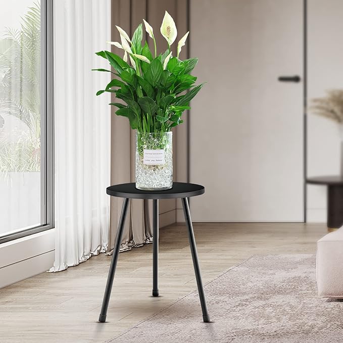Black Plant Stand Indoor Set of 2, Mid Century Wood Plant Table for Flower Pots, Metal Plant Holder, Modern Home Decor Small Round Side End Table (11.8"x16")