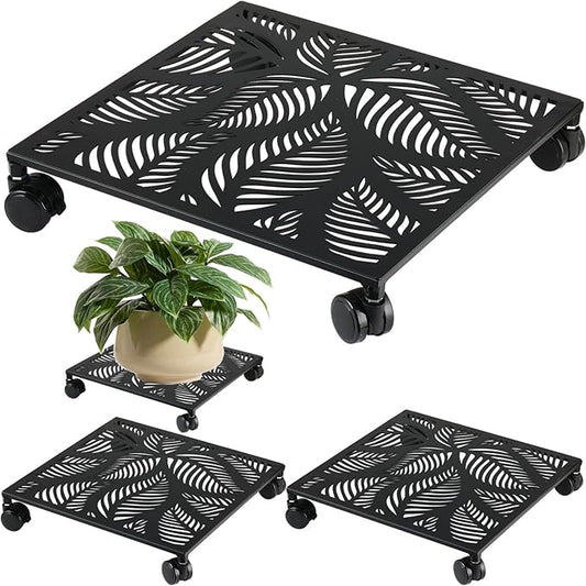 2-Pack 13 Inches Square Metal Plant Caddy with Wheels Heavy Duty Large Rolling Plant Stand Indoor Outdoor Wheeled Planter Dolly Cart with Lockable Casters Flower Pot Mover Roller Trolley, Black