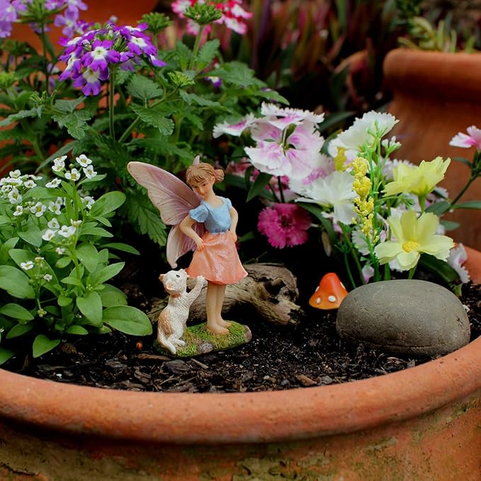 PRETMANNS Fairy Garden Fairies – Cute Accessories for Indoor Outdoor Miniature Garden - Figurine Ava with Cat - Hand-Painted Resin Piece