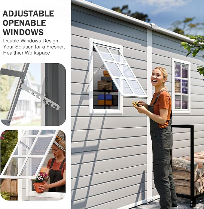 CDCASA 4x8 FT Resin Lean to Shed, Waterproof Outdoor Storage Shed with Floor and Adjustable Openable Windows,Outside Plastic Tool Shed for Backyard Garden Patio Lawn