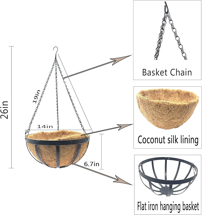 4pcs 14 inch Metal Hanging Baskets Round Wire Plant Stand with Coco Lining Cushion Decorative Planter Hanger Garden Indoor Outdoor Watering Hanging Basket （BT）