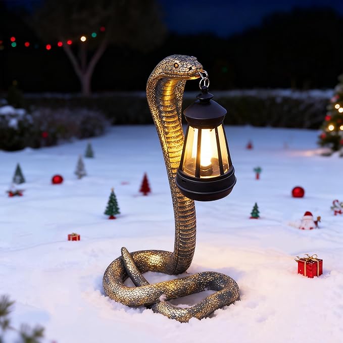 Solar Garden Outdoor Statues Snake with Solar Lights Outdoor Chrismtas Decorations - Lawn Decor Snake Statue for Patio, Balcony, Yard Ornament - Unique Housewarming Gifts（11.22" Brass Color