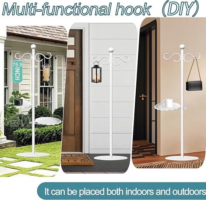 Upgraded 74" Shepherd's Hook for Bird Feeder，Floor Hanging Plant，White Wind Chime Stand, Waterproof Metal & Adjustable-Height Standing Pole Holder for Wreath, Indoor & Outdoor（2 Placement Racks)
