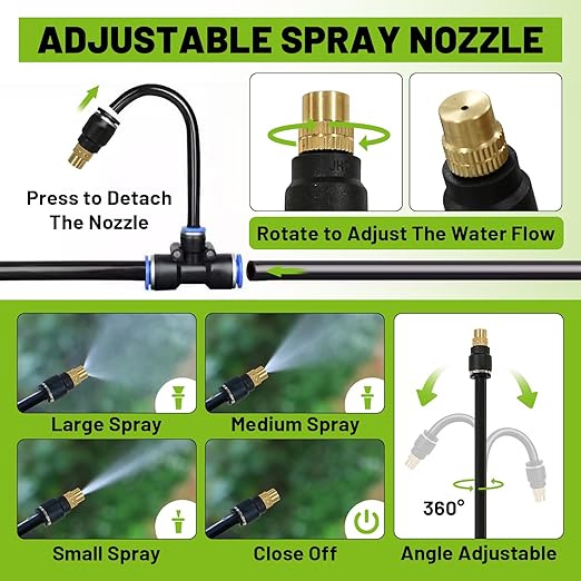 Drip Irrigation Kit - 100 FT. Hose Sprinkler System with 360° nozzles and T-connectors for Gardens, lawns, Plants, Flower beds, Trees, patios and hydroponics (Closeable nozzle-16)