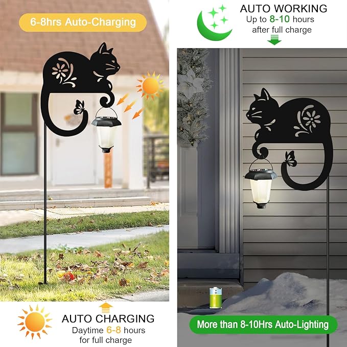Metal Black Cat with Solar Lantern Garden Stake,Outside Decorations for Yard,Solar Lights for Pathway,Yard Unique,Women Gifts