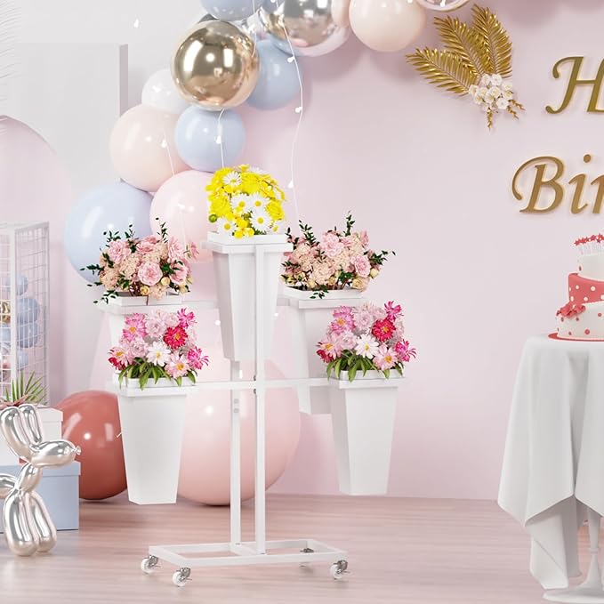 Flower Display Stand with Buckets, Sturdy Flower Cart with Wheels, Metal Bouquet Bar for Wedding, Party, Patio, Bridal Shower, White