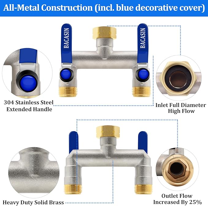 Brass Garden Hose Splitter 2-Way Heavy Duty - 3/4" GHT Threads with 2×304 Stainless Steel Handles, High Flow Design for Efficient Water Distribution