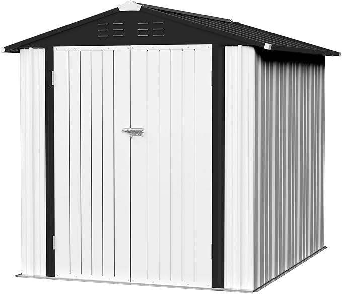 JUMMICO Metal Outdoor Storage Shed 6 x 8 FT Metal Shed with Lockable Door,Waterproof Garden Tool Shed Storage House for Backyard Patio Lawn,White
