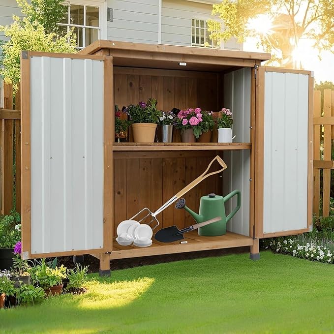 Small Outdoor Storage Cabinet Waterproof, Wood & Metal Storage Shed with Lockable Doors & Adjustable Shelves, Vertical Outdoor Cabinets for Patio Backyard,Garden Tool Shed and Accessories, Brown