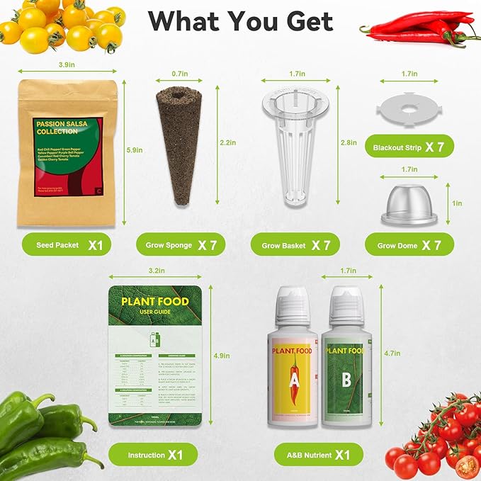 Salsa Garden Seed Pod Kit for AeroGarden, iDoo, Ahopegarden Hydroponic System, 400+ Seeds Includes Red Chili, Green, Yellow, and Purple Bell Pepper, Cucumber, Red/Golden Cherry Tomato (7-Pod)