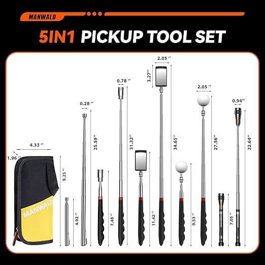 Telescoping Magnetic Pickup Tool Set with Portable Bag, Extendable Flashlight with 360° Inspection Mirror, Christmas Stocking Stuffers for Men Adults, Gifts for Men Mechanics, Handymen, Yellow