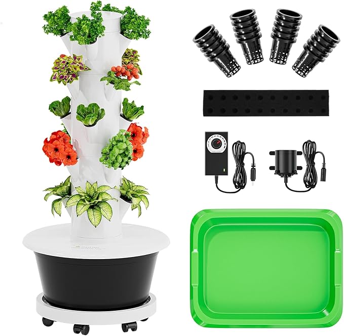 SPECILITE Hydroponics Growing System Kit, Movable Hydroponic Tower with 5 Tiers 20 Pods, Vertical Indoor & Outdoor Gardening System with Pump & Timer for Vegetables, Fruits, Herb