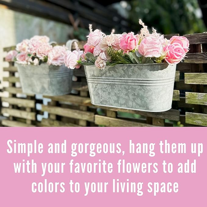 LaLaGreen Outdoor Rail Planter (11.2 Inch, 6 Pack) Silver Metal Iron Hanging Flower Pots Deck Railings Fence Buckets Modern Countryside Boho Style Wall Mount Window Box Plant Holder Hooks Porch Decor