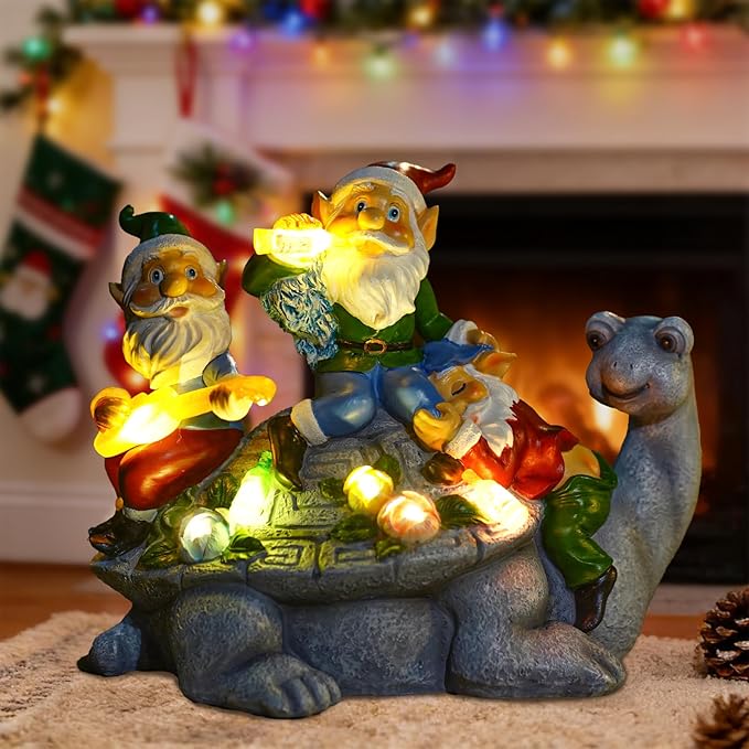 Christmas Gnomes Outdoor Statue Three Gnomes Having Party on Turtle with 7 LED Solar Figurine for Garden Lawn,Patio,Yard Decor Unique for Grandfather, Father,Grandma,Wen