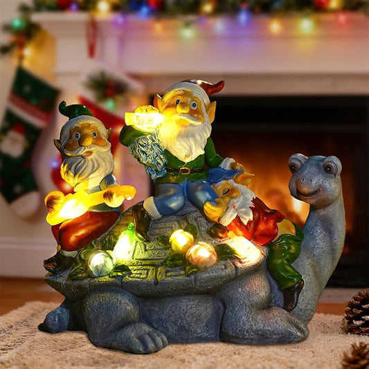 Christmas Gnomes Outdoor Statue Three Gnomes Having Party on Turtle with 7 LED Solar Figurine for Garden Lawn,Patio,Yard Decor Unique for Grandfather, Father,Grandma,Wen