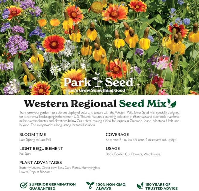 Park Seed Grow Your Own Vibrant Annual and Perennial Wildflower Garden Seeds Mixture, Easy to Grow Varieties for Pollinators and Spring Gardens - Western Regional Mix, 25 lbs