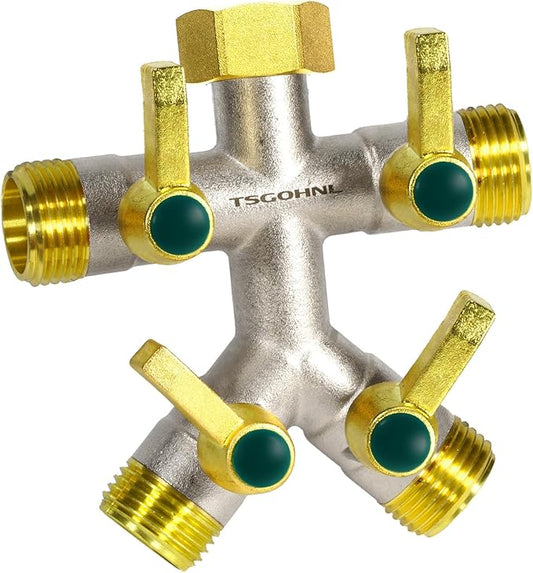 Heavy Duty Brass Garden Hose Splitter, Freeze and Sun Resistant Outdoor Faucet 4-Way Valve, Nickel Plated for Rust Resistance, 3/4” GHT (Gold)