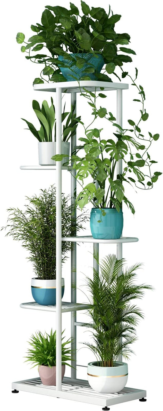 LINZINAR Plant Stand Metal 5 Tier 6 Potted Multiple Flower Pot Holder Shelf Indoor Outdoor Planter Display Shelving Unit for Patio Garden Corner Balcony Living Room (5 Tier 6 Potted, White)