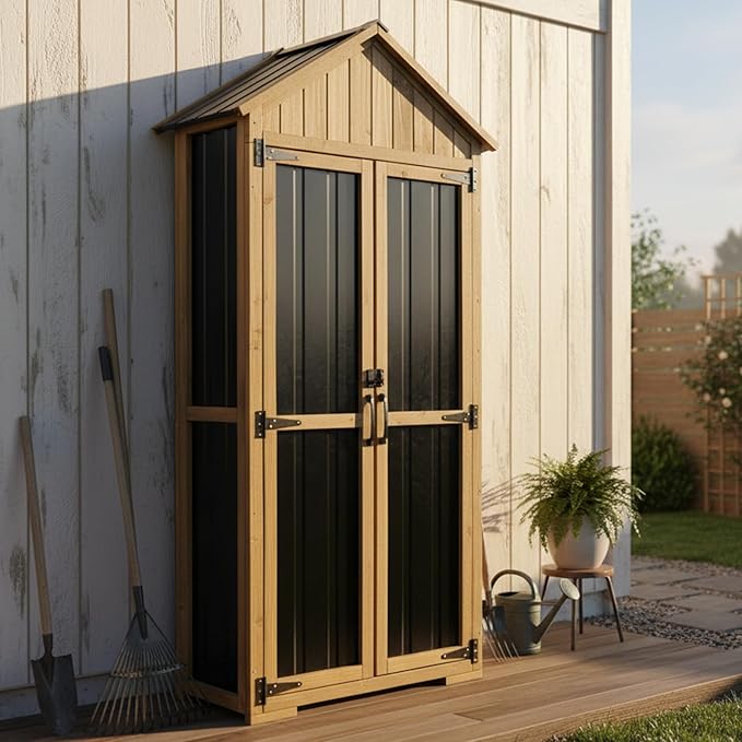 Outdoor Storage Cabinet with Shelf, Wood & Metal Storage Shed with Lockable Doors & Sloping Roof, Outdoor Cabinets for Patio Backyard, Garden Shed Tool Shed and Accessories, Brown
