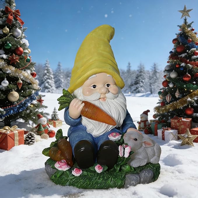 Christmas Gnomes Outdoor Statue Gnome Feeding Rabbit with 6 LED Solar Figurine for Lawn,Patio,Balcony,Yard Decor Unique for Grandfather, Father,Grandma