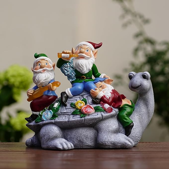 Christmas Gnomes Outdoor Statue Three Gnomes Having Party on Turtle with 7 LED Solar Figurine for Garden Lawn,Patio,Yard Decor Unique for Grandfather, Father,Grandma,Wen