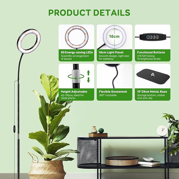One Head Grow Lights for Indoor Plant Full Spectrum, Plant Lights for Indoor Growing with 3/9/12 Timer, 5 Dimmable Levels, Height Adjustable 16.5''-68", Strong Base for Large Plants
