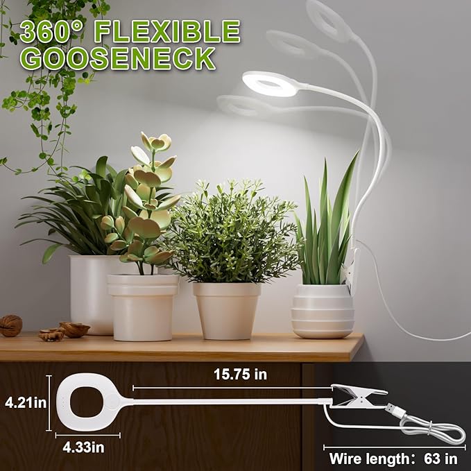 Full Spectrum Grow Lights for Indoor Plants, Clip On Plant Lights for Indoor Growing with 4/8/12H Timer, 3 Light Modes, 10 Dimmable Levels, Adjustable Gooseneck, Remote Control