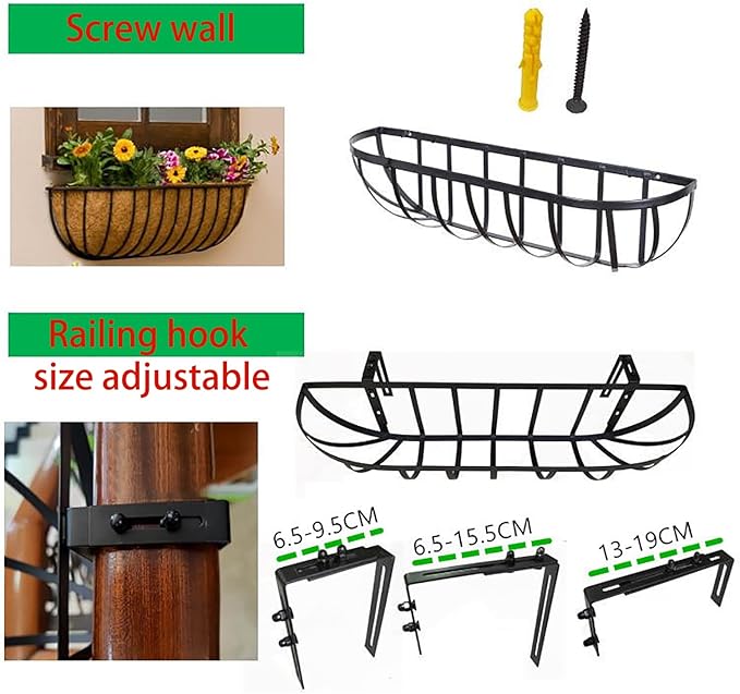 24 Inch Railing Planter Window Box Deck Balcony Rail Planter with Coco Liner Metal Wall-Mounted Coconut Liner Planter Basket English Horse Trough Planters for Outdoor Balcony Porch Fence (2 Pack)
