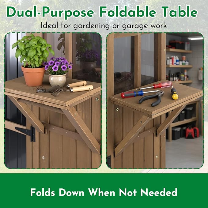 Outdoor Storage Cabinet, Large Wood & Metal Garden Shed with Foldable Table, Weather-Resistant Asphalt Roof, Lockable Doors & Adjustable Feet for Patio, Backyard, or Garage (47"L x 20"W x 70"H)