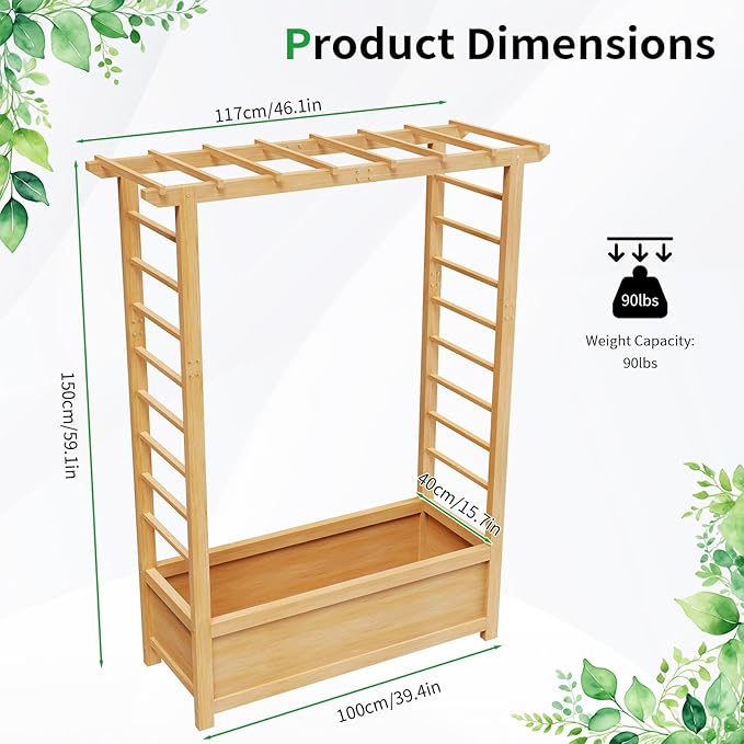 SUNYRISY Raised Garden Bed with Trellis, Wooden Vertical Planter Box with Trellis Outdoor for Climbing Plant Vine Flowers Vegetables, Planter Raised Bed with Hanging Roof and Drainage Holes